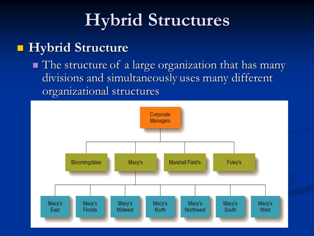 Hybrid Structures Hybrid Structure The structure of a large organization that has many divisions